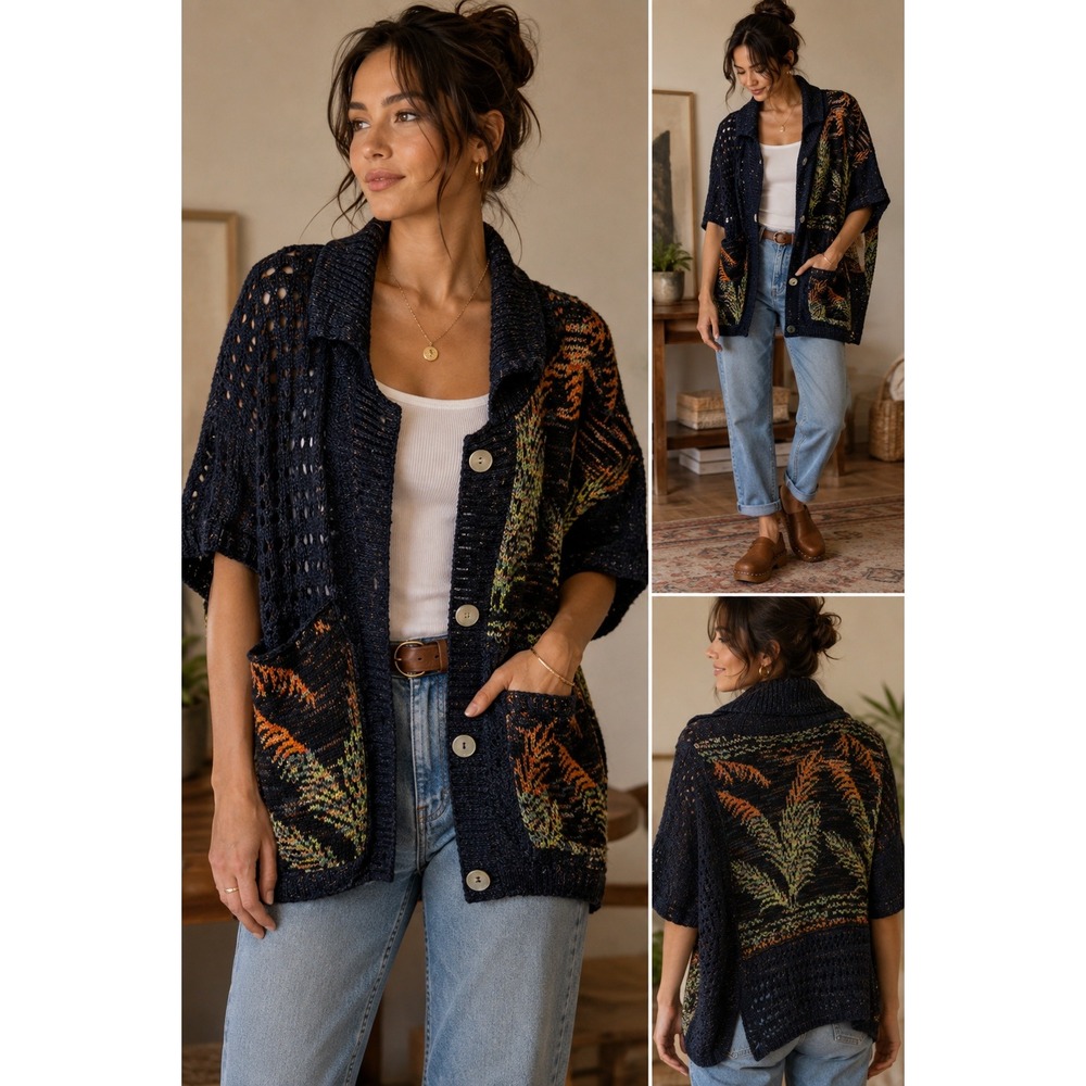 Pilcro Cardigan XS/S Navy Fern Knit Short Sleeve Button Front Boho Anthropologie